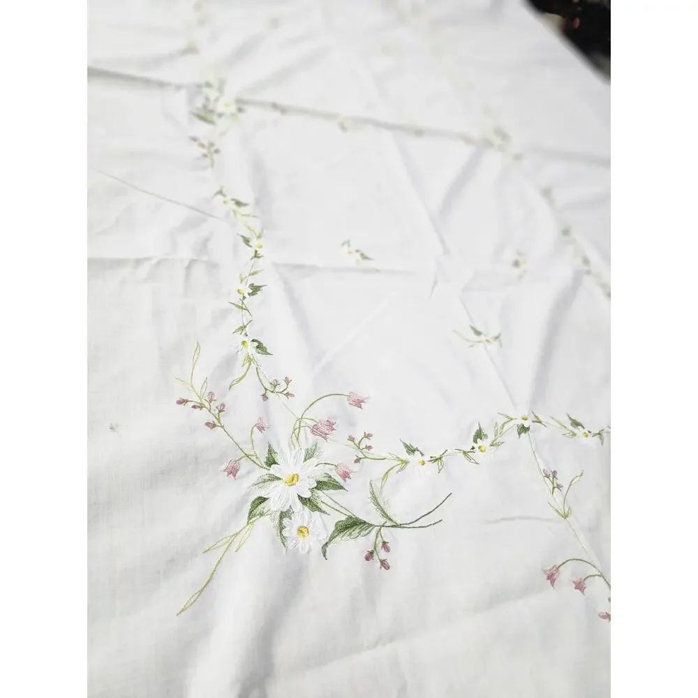 Vintage Rectangular Embroidered Floral Fabric Tablecloth Light Stain 79